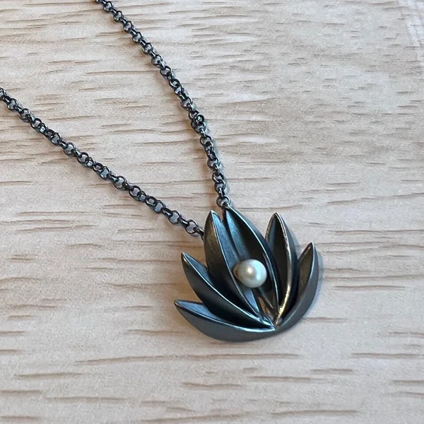 Simple necklaces and pendants with tiny charms for a delicate and casual vibe-LOTUS PENDANT - Oxidized Sterling Silver with white pearl