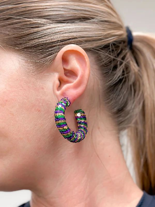 Hoop earrings with pearl accents for a chic and classic style-Mardi Gras Bold Sequin Hoop Earrings