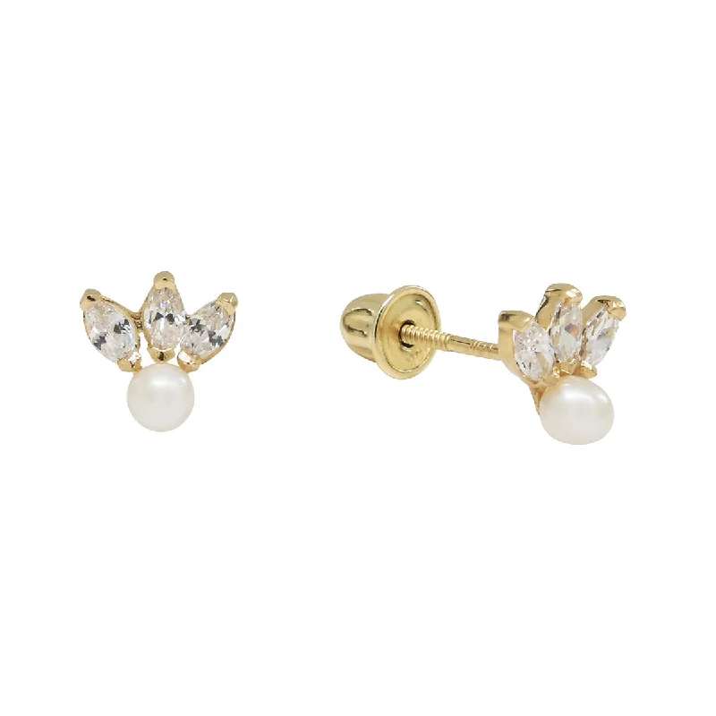 Hoop earrings with tortoiseshell designs for a chic and classic style-10k Solid Gold Triple CZ Marquise & Pearl Studs