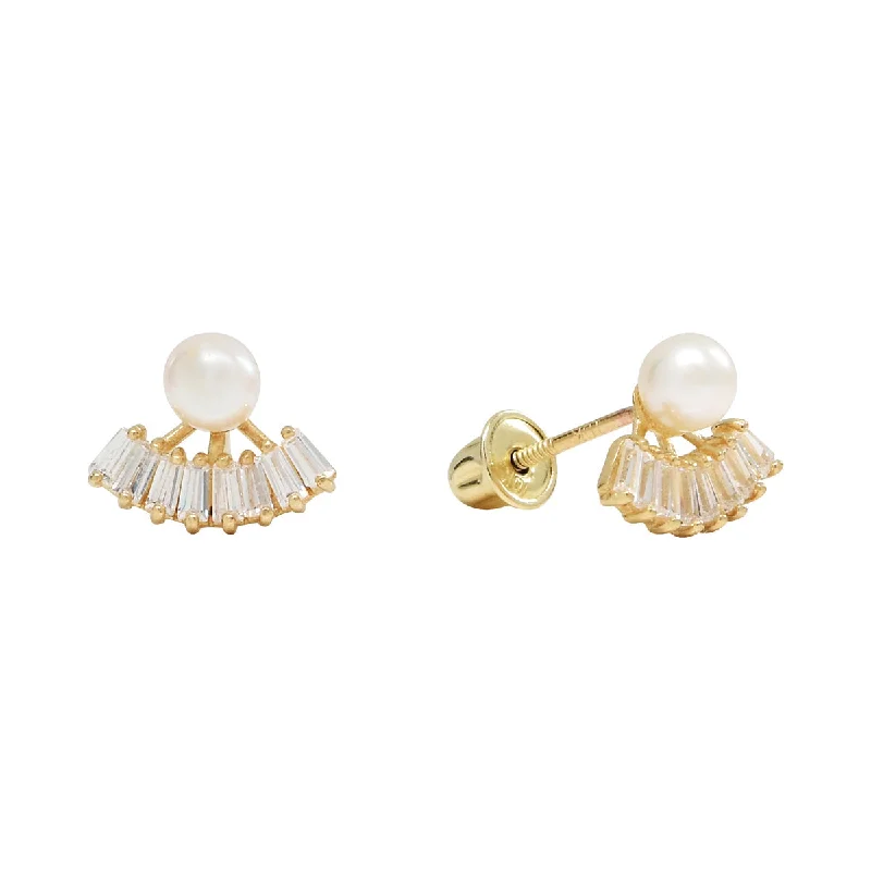 Hoop earrings with dangling charms for a playful and fun look-10k Solid Gold CZ Baguette Fan & Pearl Studs