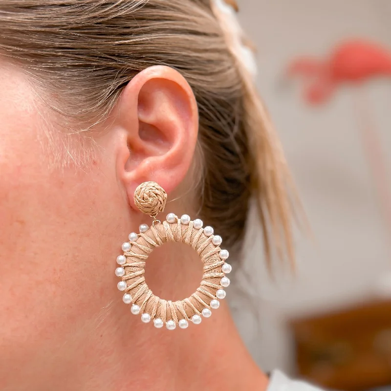 Large hoop earrings for a bold and statement-making fashion accessory-Pearl Lined Raffia Dangle Earrings - Beige