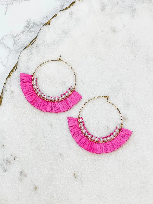 Hoop earrings with rhinestone-studded rims for a glamorous touch-Pearl Lined Raffia Drop Dangles - Pink