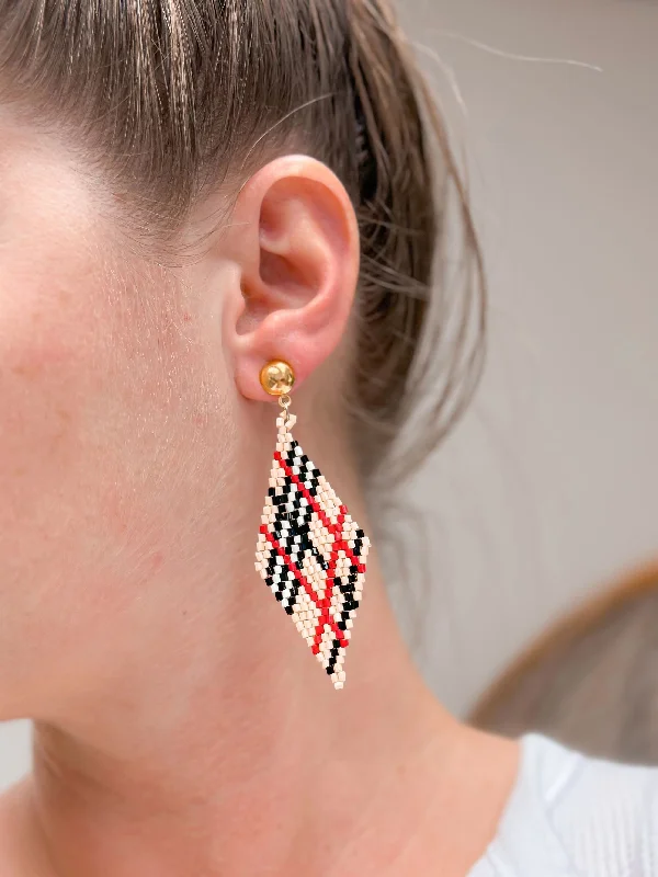 Hoop earrings with braided patterns for a detailed and textured finish-Beige Plaid Fringe Beaded Dangle Earrings