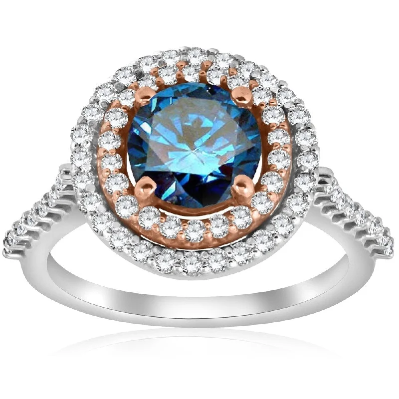 Engagement rings with yellow gold raw topaz -Pompeii3 14K Rose & White Gold 2 ct TDW Blue Diamond Double Halo Engagement Ring Lab Grown Clarity Enhanced - White G-H