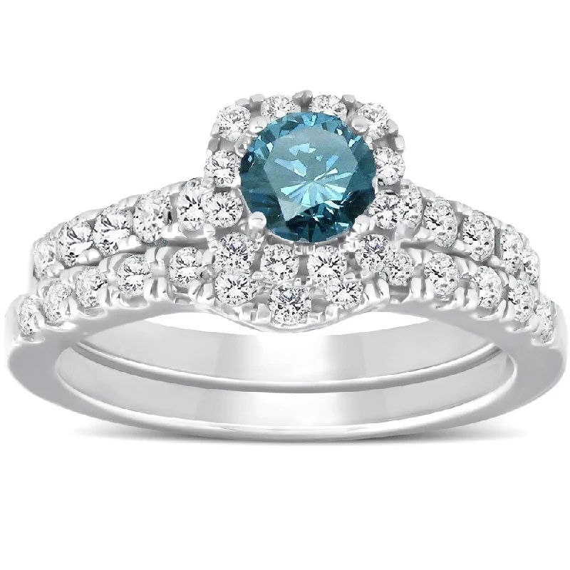 Engagement rings with vibrant tourmaline for color -Pompeii3 14k White Gold 1 1/2 Ct TDW Blue Diamond Cushion Halo Engagement Wedding Ring Set