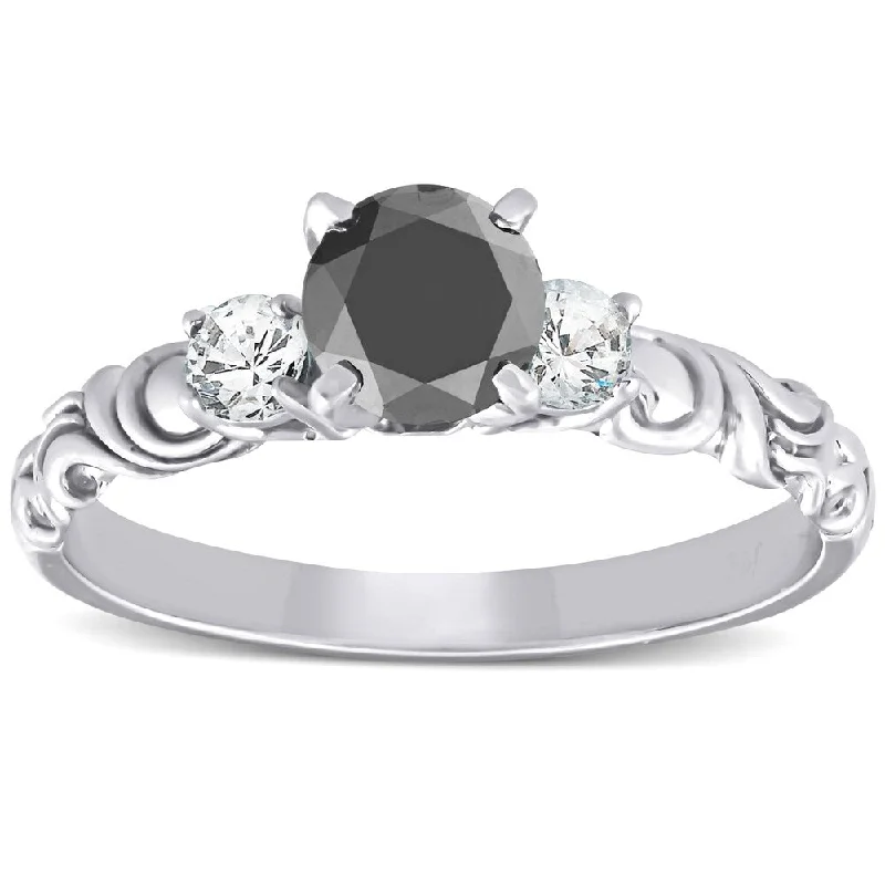 Engagement rings with halo of tiny rubies -Pompeii3 14k White Gold 1 1/4 Ct TDW Diamond Vintage Black & White Diamond Engagement Ring