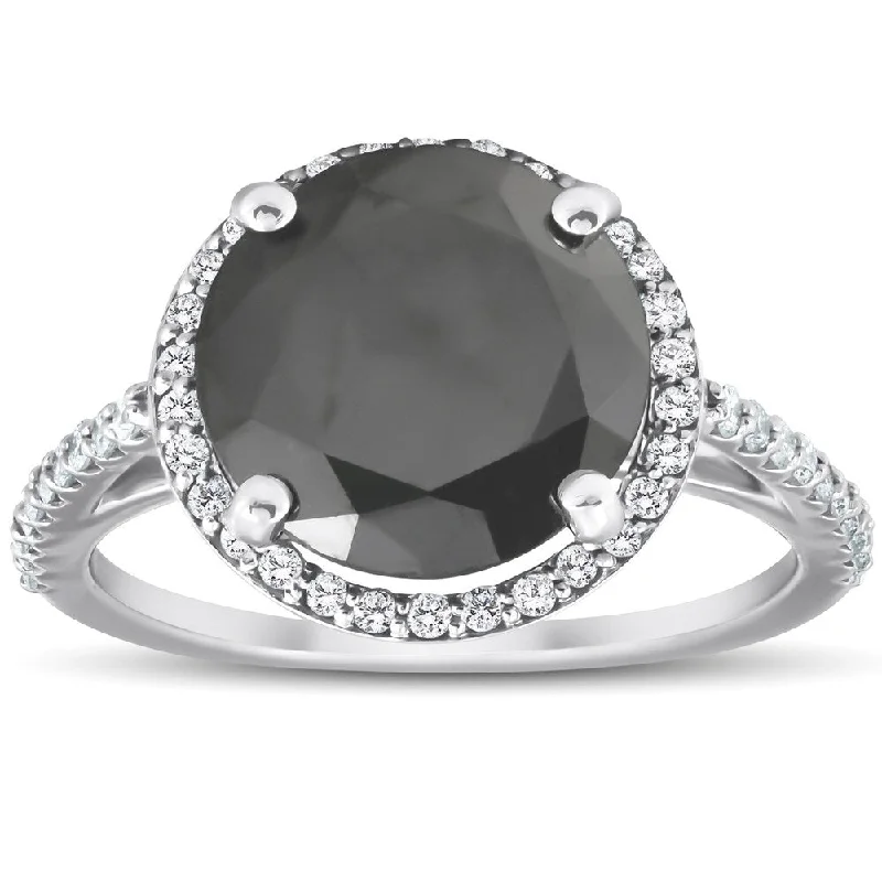 Engagement rings with hexagonal-cut sapphire gems -Pompeii3 14k White Gold 3 1/3 Ct TDW Black Diamond Halo Engagement Ring