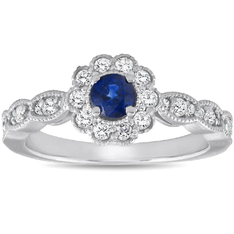 Engagement rings with twisted bands and diamonds -Pompeii3 14k White Gold 5/8 Ct TW Genuine Blue Sapphire & Diamond Halo Engagement Anniversary Ring