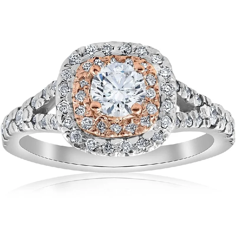 Engagement rings with vintage-inspired claw prongs -Pompeii3 14k White & Rose Gold 1 ct TDW Cushion Halo Diamond Engagement Ring