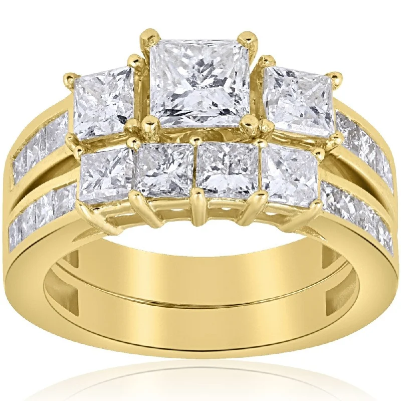 Engagement rings with trillion-cut peridot accents -Pompeii3 14k Yellow Gold 3 1/2 ct TDW Princess Cut Clarity Enhanced Diamond Engagement Matching Wedding Ring Set - White