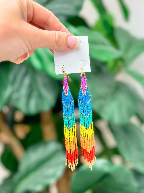 Best hoop earrings with satin ribbons for a soft, feminine appearance-Rainbow Beaded Fringe Dangle Earrings