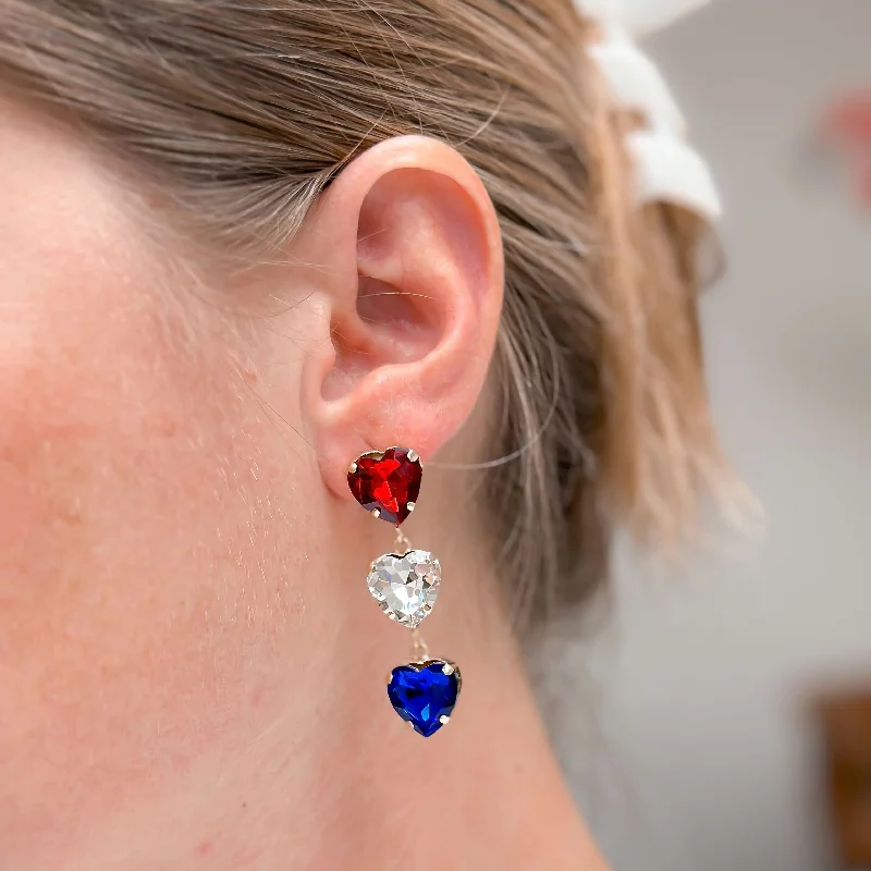 Best hoop earrings with gemstone accents for a colorful and elegant appearance-Red, White, & Blue Heart Gem Dangle Earrings