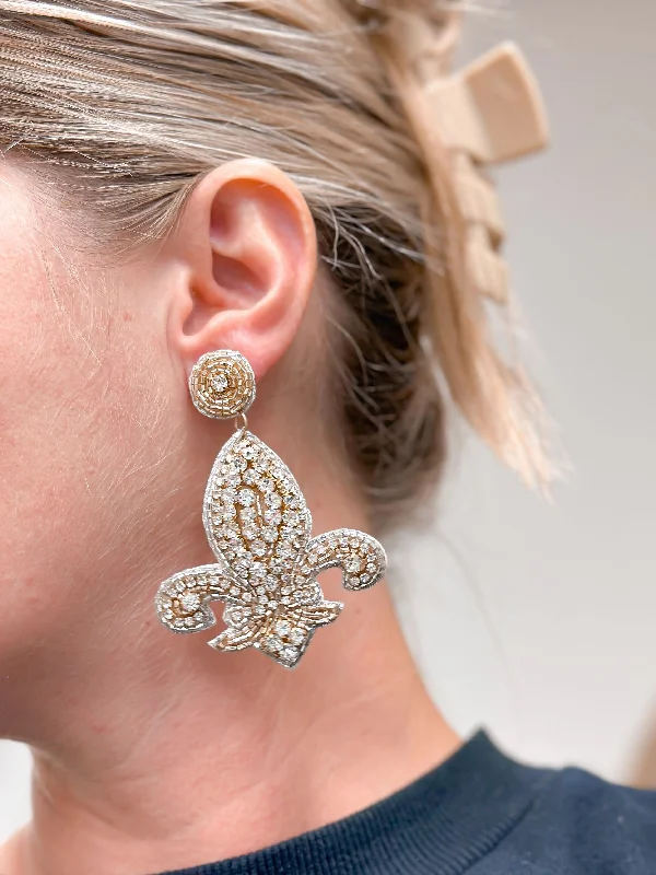 Hoop earrings with satin finishes for a smooth and elegant appearance-Rhinestone Fleur De Lis Statement Earrings