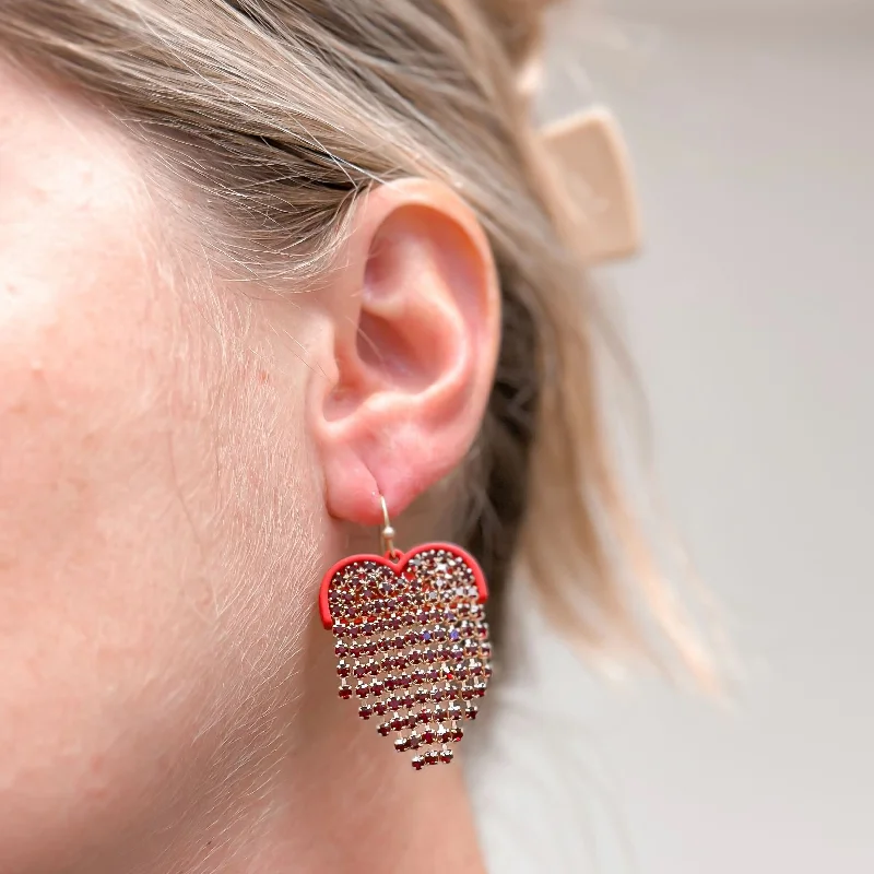 Hoop earrings with gold accents for a warm, elegant statement piece-Rhinestone Heart Fringe Dangle Earrings - Red