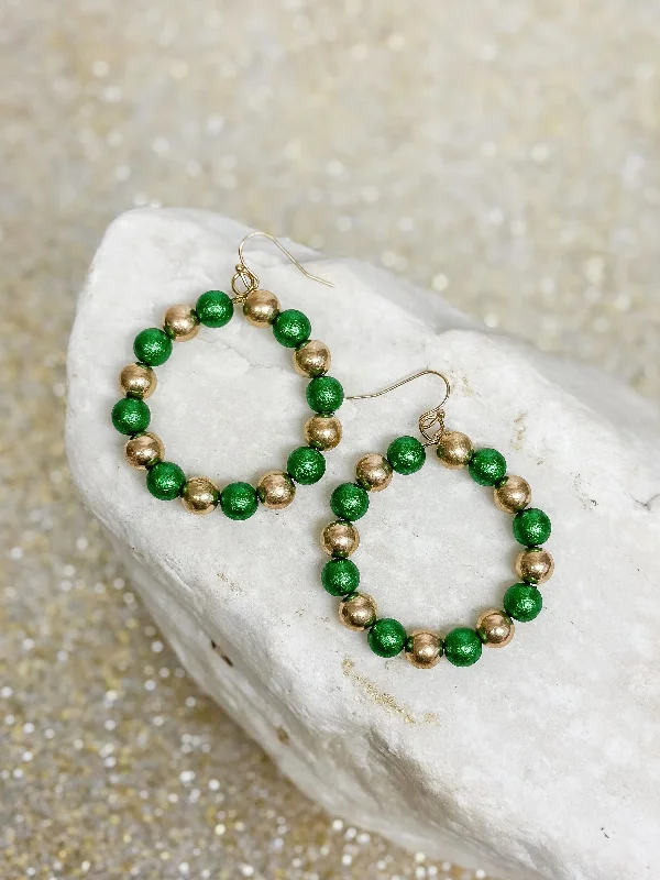 Hoop earrings with resin accents for a bold and colorful design-Round Holiday Beaded Dangle Earrings - Green