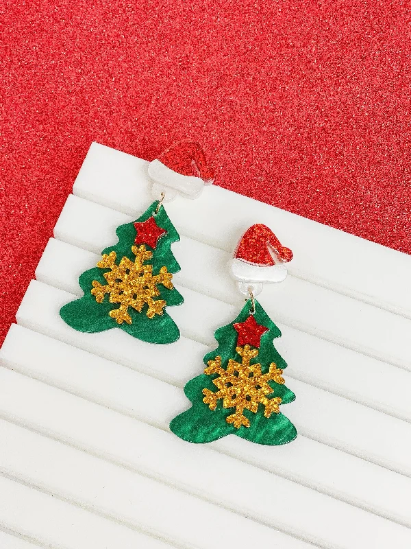 Hoop earrings with abstract wirework for an artistic, unique look-Santa Hat Glitter Resin Christmas Tree Dangles