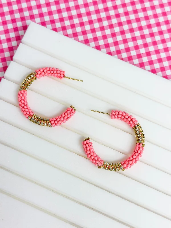 Best hoop earrings with butterfly motifs for a playful and whimsical appearance-Seed Bead & Rhinestone Hoop Earrings - Pink