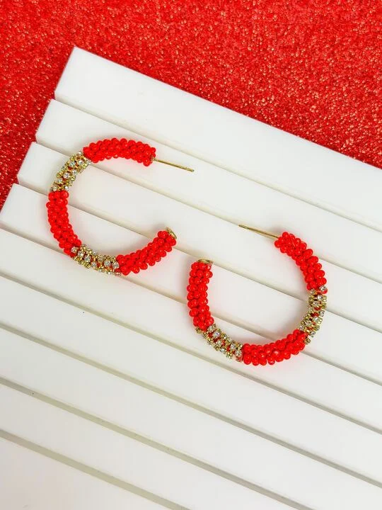 Hoop earrings with abstract shapes for an artistic and creative touch-Seed Bead & Rhinestone Hoop Earrings - Red