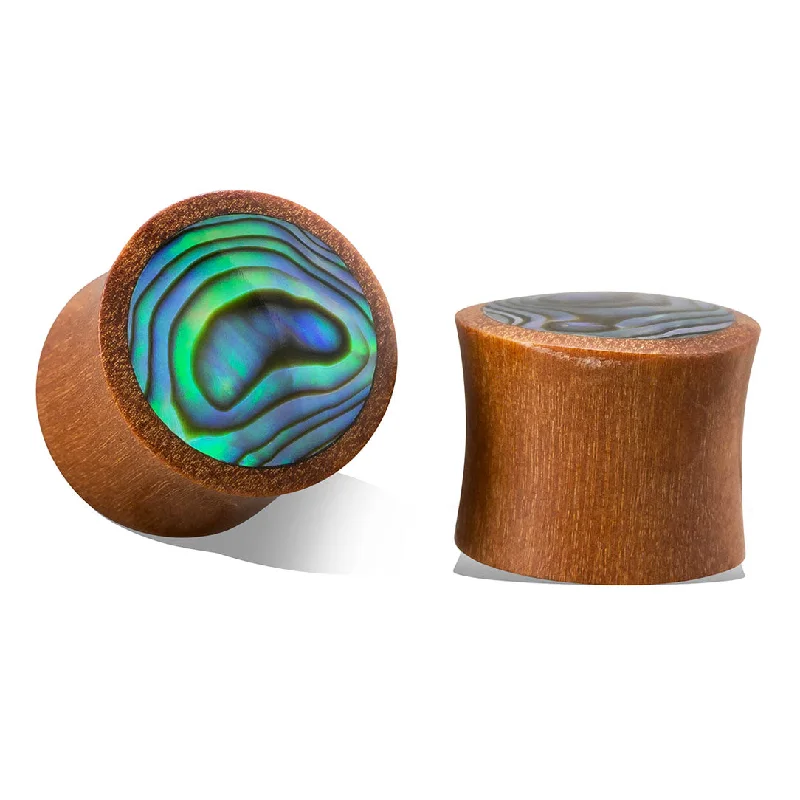 Hoop earrings with resin accents for a bold and colorful design-<span>EXPW-100<span>: </span></span>Abalone Plugs - Tan Wood