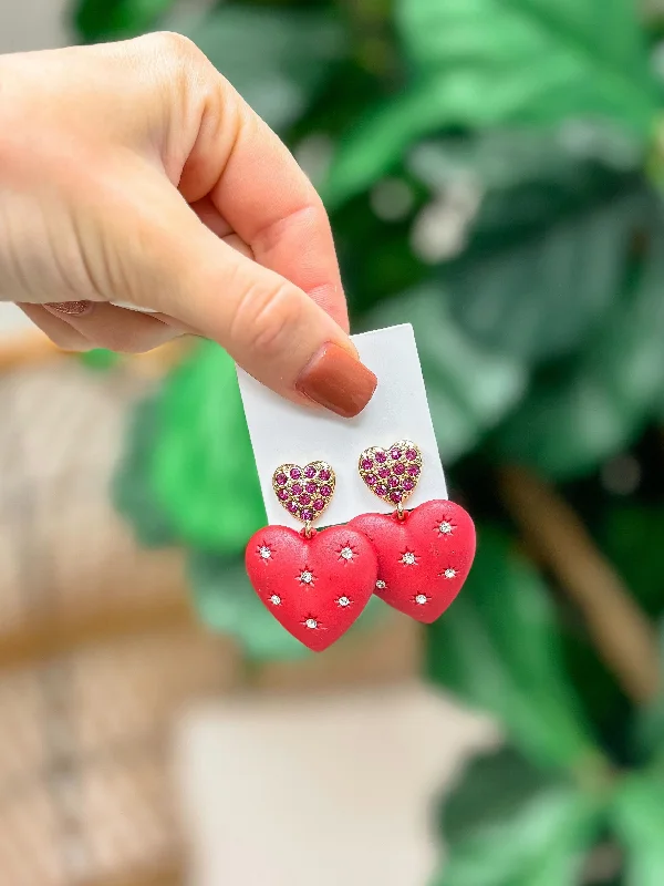 Hoop earrings with resin accents for a bold and colorful design-Sparkling Heart Drop Dangle Earrings - Red