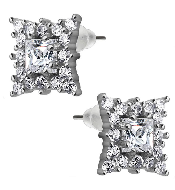 Best hoop earrings with tribal designs for a cultural and exotic aesthetic-Square CZ Cluster Sterling Silver Earrings