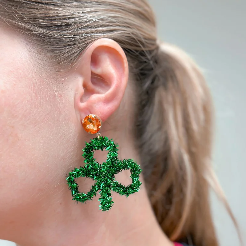 Classic hoop earrings with a thin profile for a sleek and subtle style-St. Patrick's Day Clover Tinsel Earrings