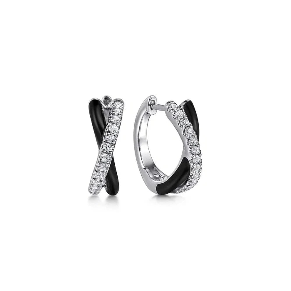 Best hoop earrings with crescent-shaped designs for a bold, moon-inspired style-SS 15mm 0.31ctw White Sapphire and Black Enamel Criss Cross Huggie Earrings