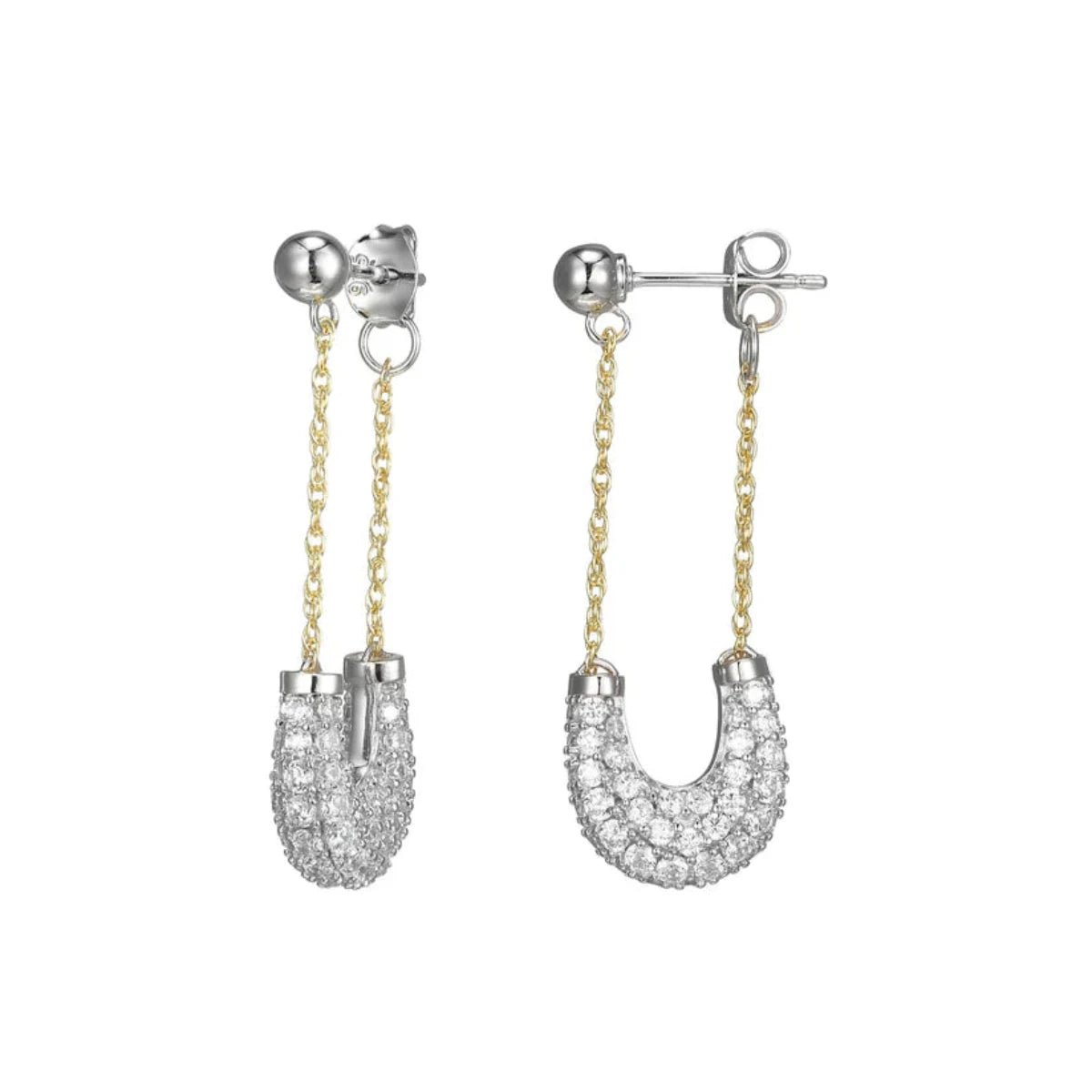 Hoop earrings with dangling charms for a playful and fun look-SS Two-Tone CZ Safety Pin Style Earrings