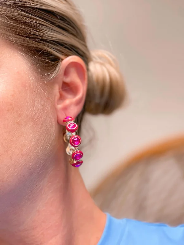 Best hoop earrings with floral designs for a feminine and delicate look-Studded Fuchsia Square Stone Hoops