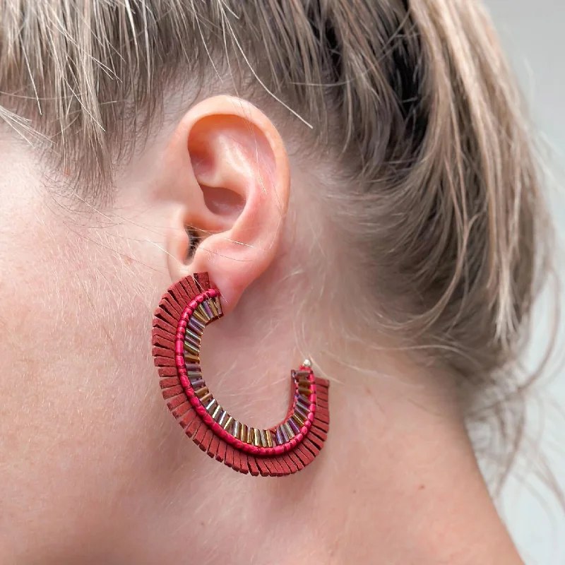 Hoop earrings with removable pendants for a versatile and customizable accessory-Suede Fringe Beaded Hoop Earrings - Burgundy