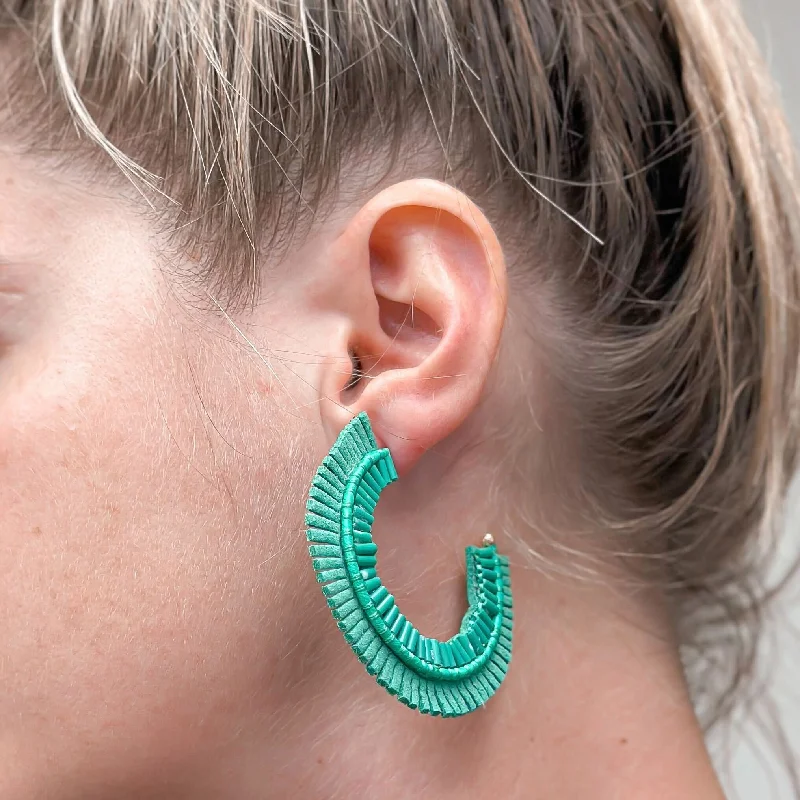 Best hoop earrings with snake chain details for a sleek and modern touch-Suede Fringe Beaded Hoop Earrings - Green