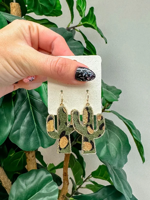 Hoop earrings with stacked layers for a bold and textured design-Textured Gold Metallic Cactus Dangle Earrings - Dark Green