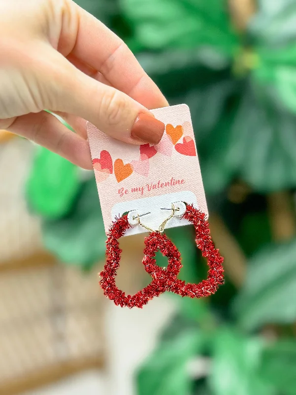 Best hoop earrings with intricate beaded details for a textured, stylish appearance-Tinsel Heart Hoop Earrings - Red