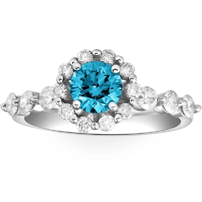 Engagement rings with modern open-band opal -VS 1 1/2Ct Blue & White Diamond Halo Engagement Ring in 10k White Gold