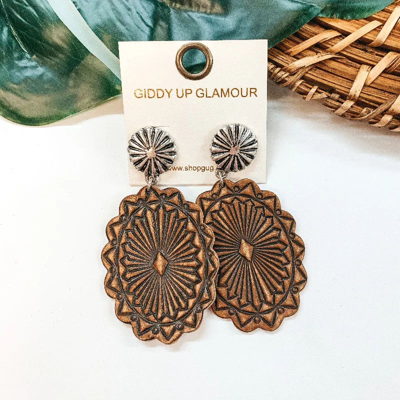 Best hoop earrings with geometric hexagon shapes for a modern, angular look-Western Patterned Oval Leather Concho Post Earrings