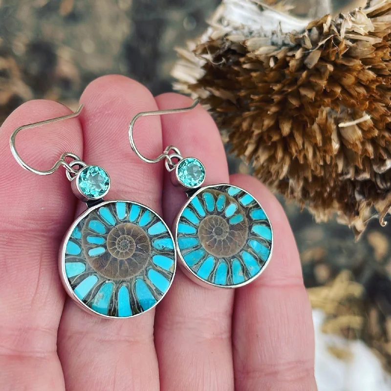 Necklaces and pendants with leaf-shaped designs for an earthy, organic feel-Apatite, Ammonite with Turquoise Inlay and Sterling Silver Earrings