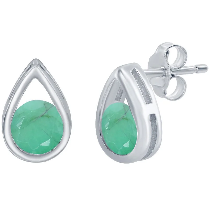 Simple necklaces and pendants with bar pendants for a sleek modern design-Classic Women's Earrings - Silver Pearshaped with Round Emerald Gemstone Stud | D-8163