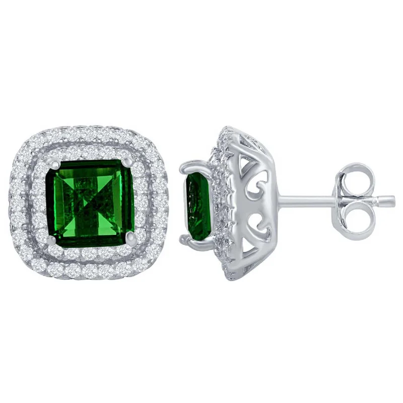 Personalized necklaces and pendants with initials for a customized and meaningful gift-Classic Women's Earrings - SS Double CZ Square Border with Center Green CZ | D-6770