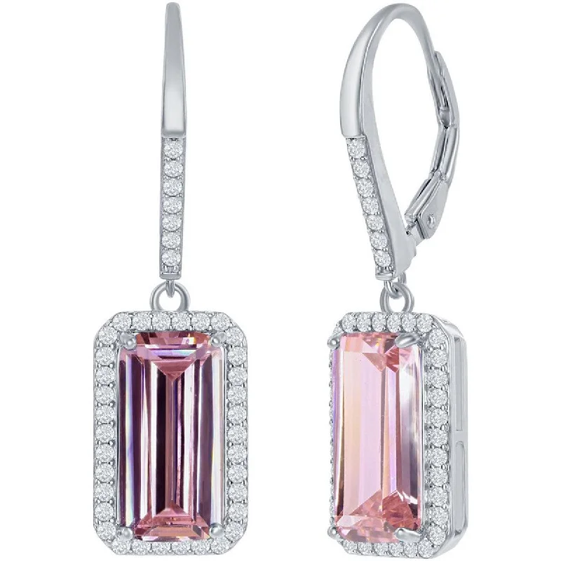 Best necklaces and pendants with emerald gemstones for a rich, sophisticated design-Classic Women's Earrings - Sterling Silver Emerald Cut Pink CZ with Halo | D-7903