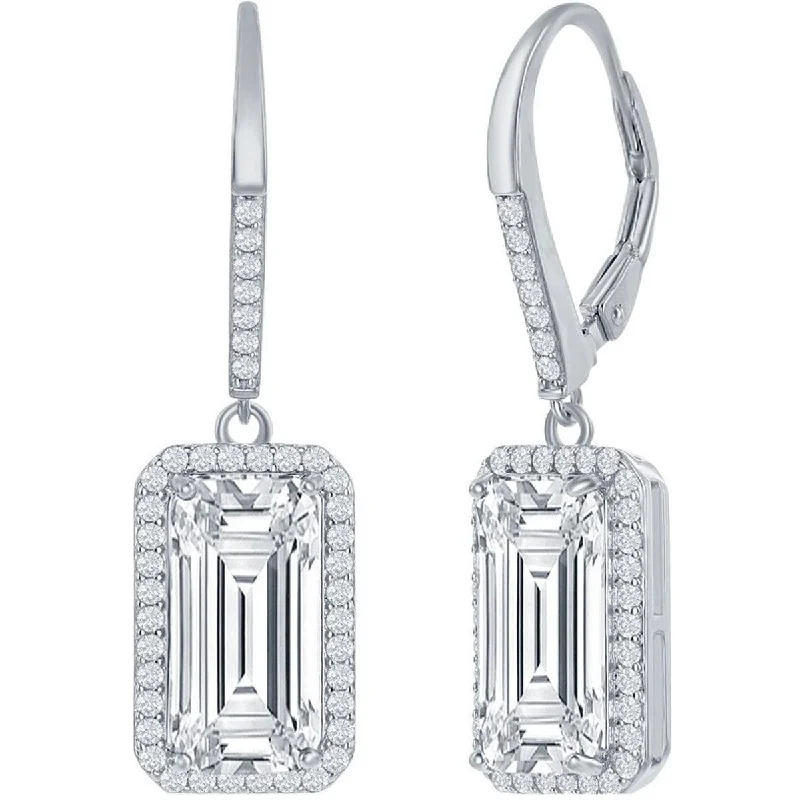 Stunning necklaces and pendants with amethyst gemstones for a calming effect-Classic Women's Earrings - Sterling Silver Emerald Cut White CZ with Halo | D-7657