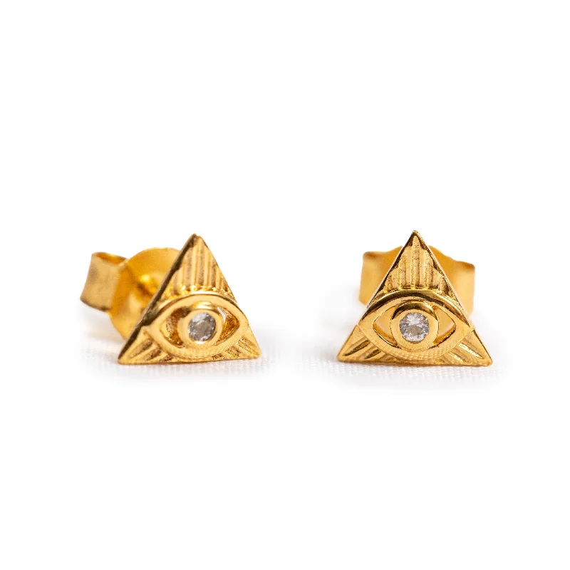 Unique necklaces and pendants with gemstones for a colorful and vibrant statement-***Gold Plated Triangle Studs with White Topaz Evil Eye Earrings