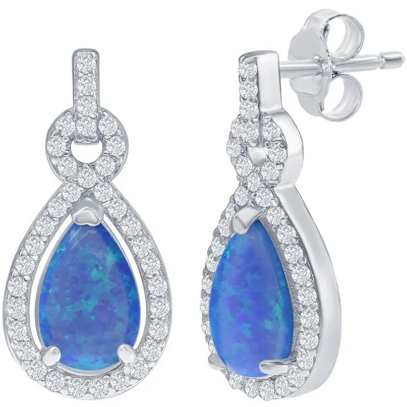 Stunning necklaces and pendants with aquamarine stones for a serene effect-Opalata Women's Earrings - Blue Opal Pearshaped with White CZ Stone Border | D-7931