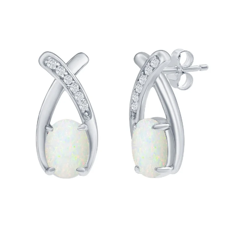 Trendy necklaces and pendants with statement pieces for a bold fashion statement-Opalata Women's Earrings - Sterling Silver Oval White Opal with CZ Post Back | D-8171