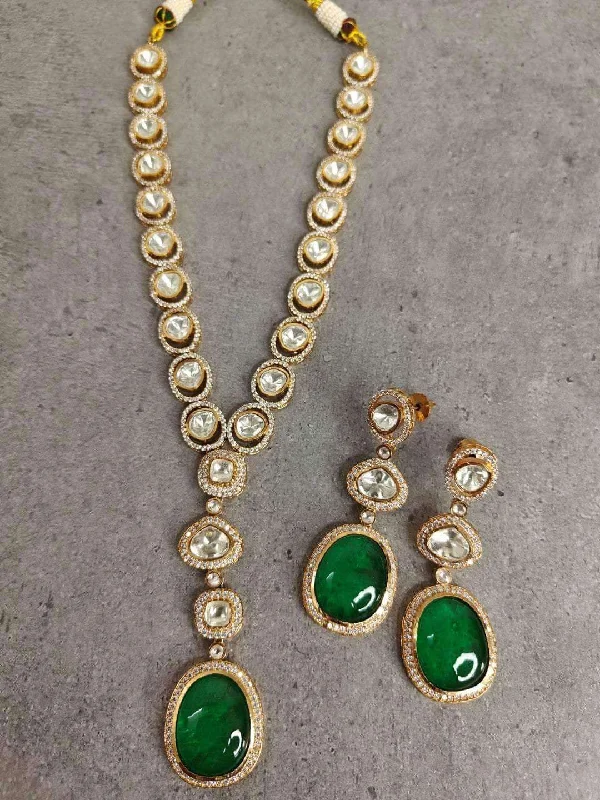 Beautiful necklaces and pendants with diamond halo settings for extra brilliance-Premium Green Color Kundan Choker Neclace With Stud Earring Set