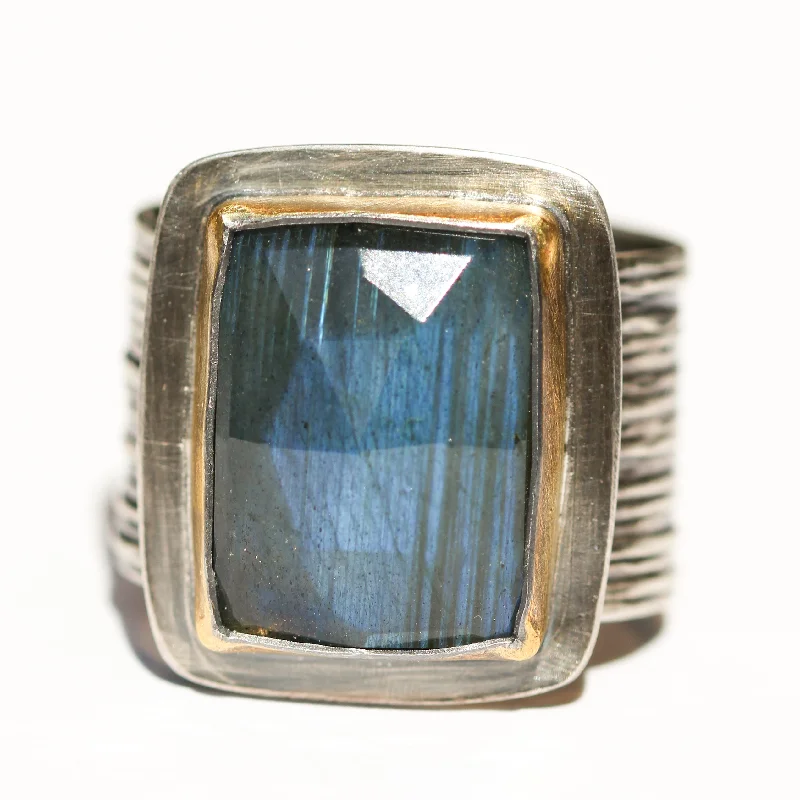 Rings with malachite stones for green patterns -Rectangular Labradorite Ring with Wide Band