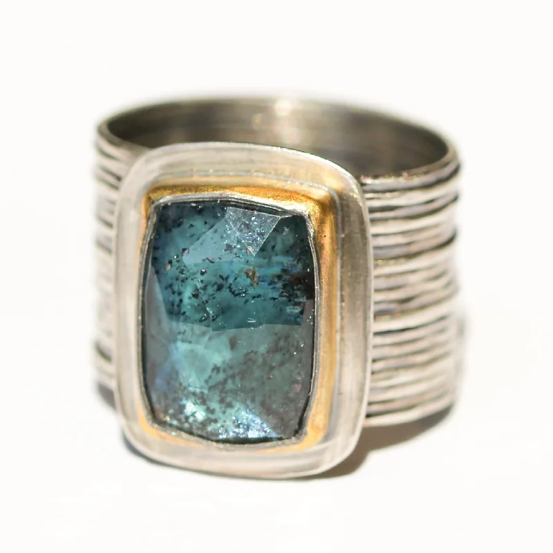 Rings with twisted rose gold band designs -Rectangular Teal Kyanite Ring with Wide Band