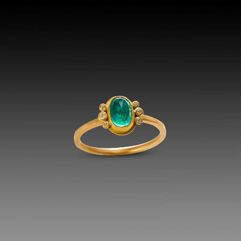 Dainty rings with subtle engraved star motifs -Rose Cut Emerald Ring with Diamond Trios