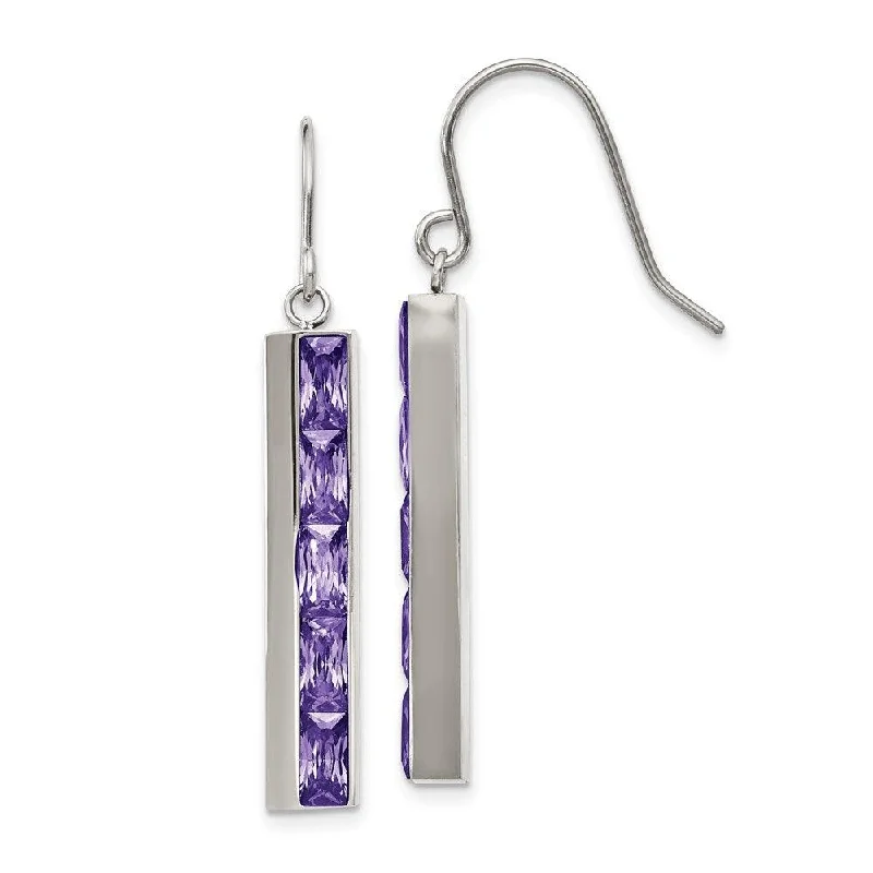 Necklaces and pendants with angel wing motifs for a spiritual, meaningful design-Stainless Steel Polished with Purple CZ Shepherd Hook Earrings