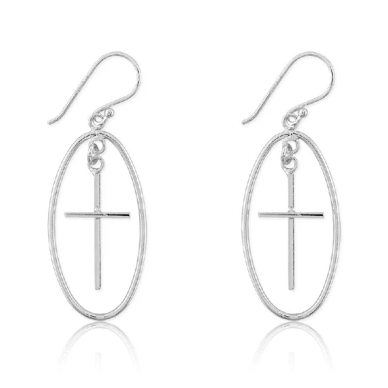 Necklaces and pendants with pearls for a classic and sophisticated touch-Sterling Silver Large Open Oval with Cross Earrings