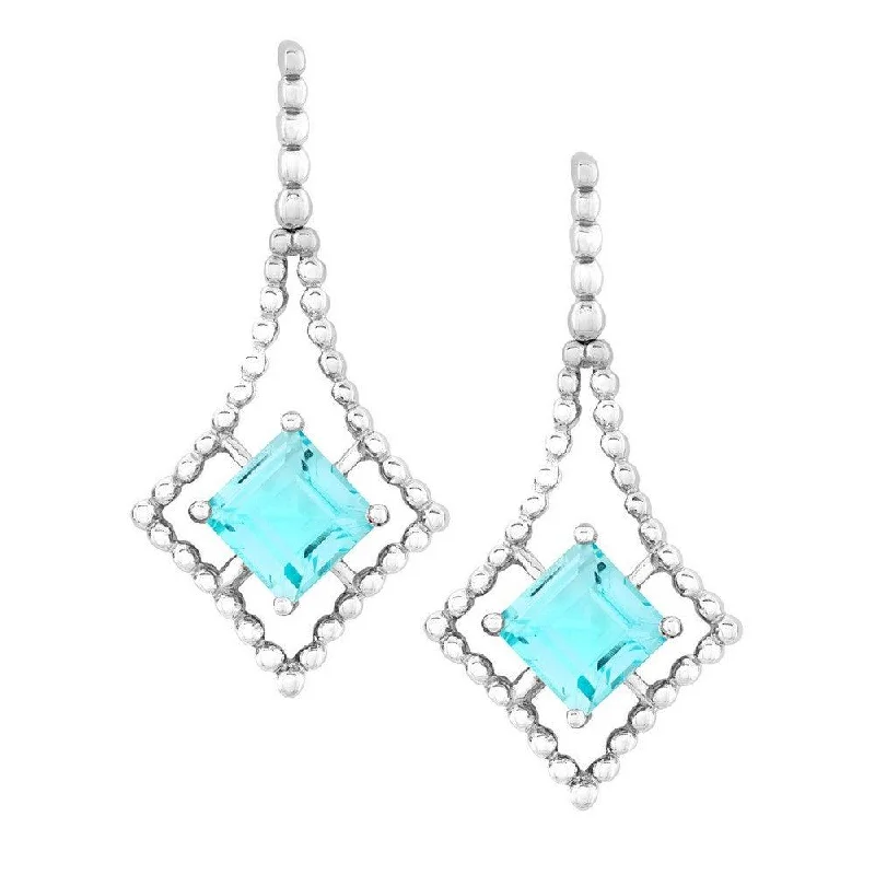 Necklaces and pendants with enamel accents for a colorful, eye-catching appearance-Sterling Silver Open Beaded Square with Center Square Blue Topaz Earrings